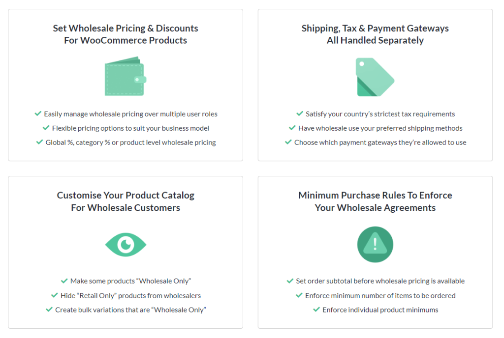 Wholesale Prices Premium allow WooCommerce store owners to set wholesale pricing, bulk discounts, and minimum purchase rules. 