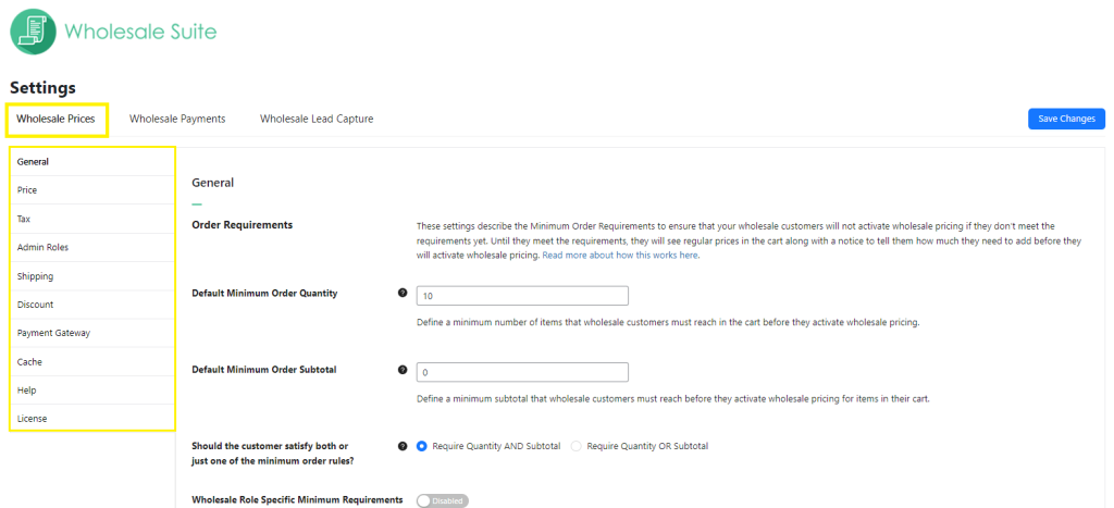 Screenshot of the Wholesale Prices settings tab 