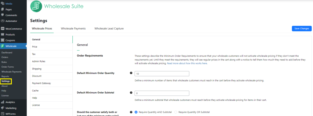 Screenshot of Wholesale Suite's upgraded settings page