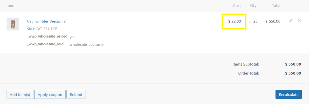 Screenshot of a sample WooCommerce backend order with set wholesale prices