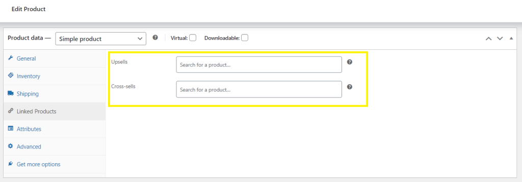 WooCommerce Product data settings page, where store owners can add upsells and cross sells. 