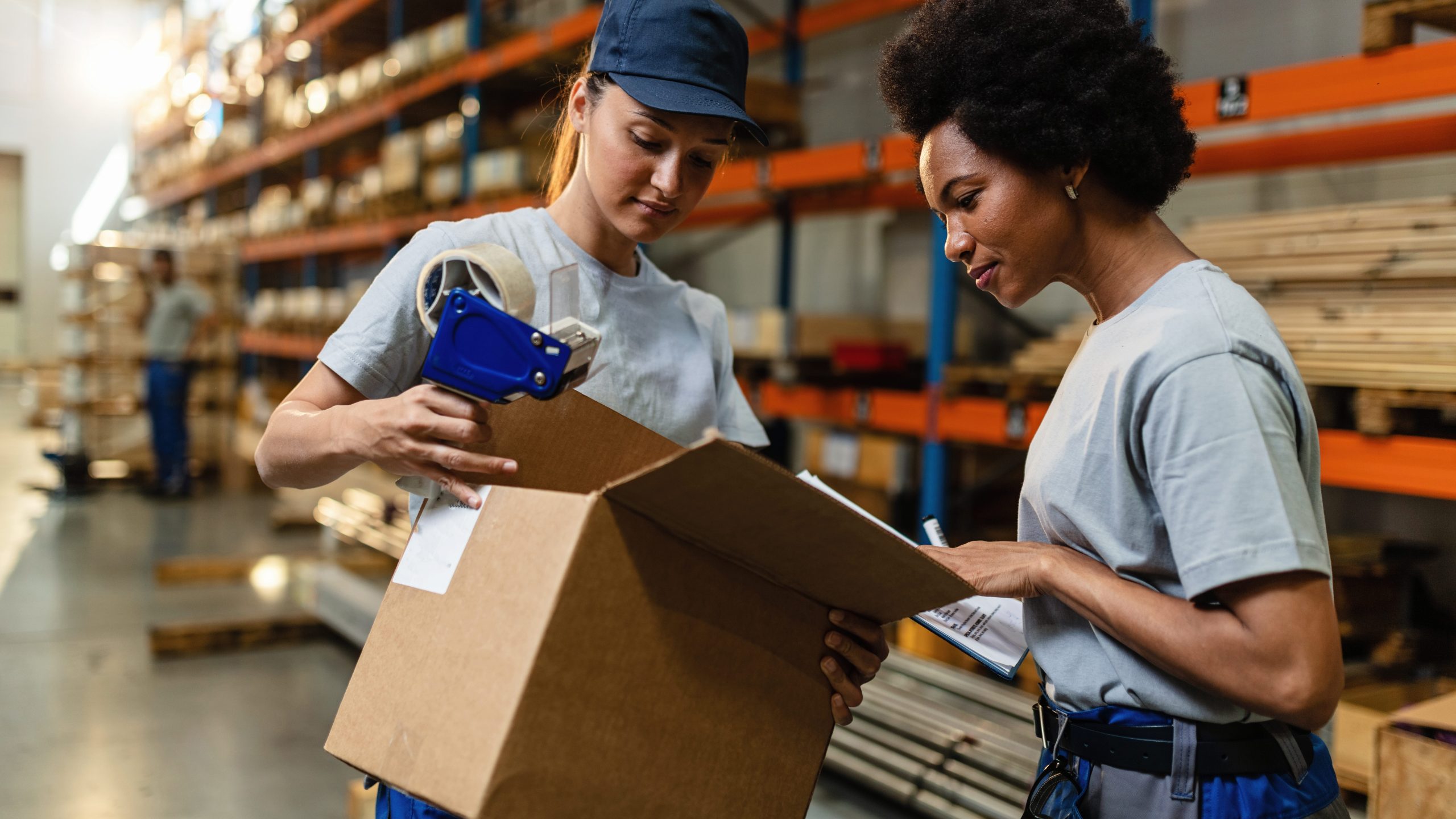 Wholesale customer inspecting products at a warehouse. 