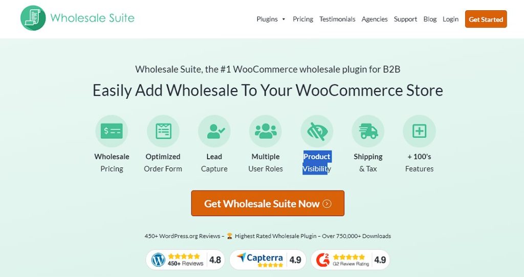 Wholesale Suite, showcasing features like wholesale pricing, order forms, and more. 