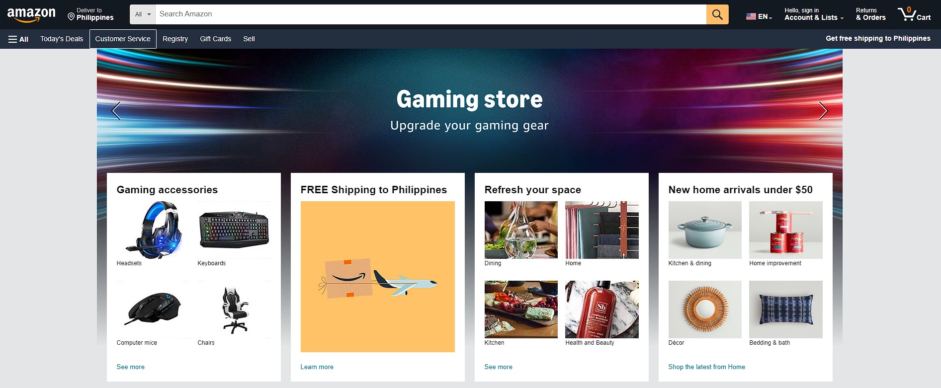 Amazon homepage showing gaming accessories, home goods, and new arrivals