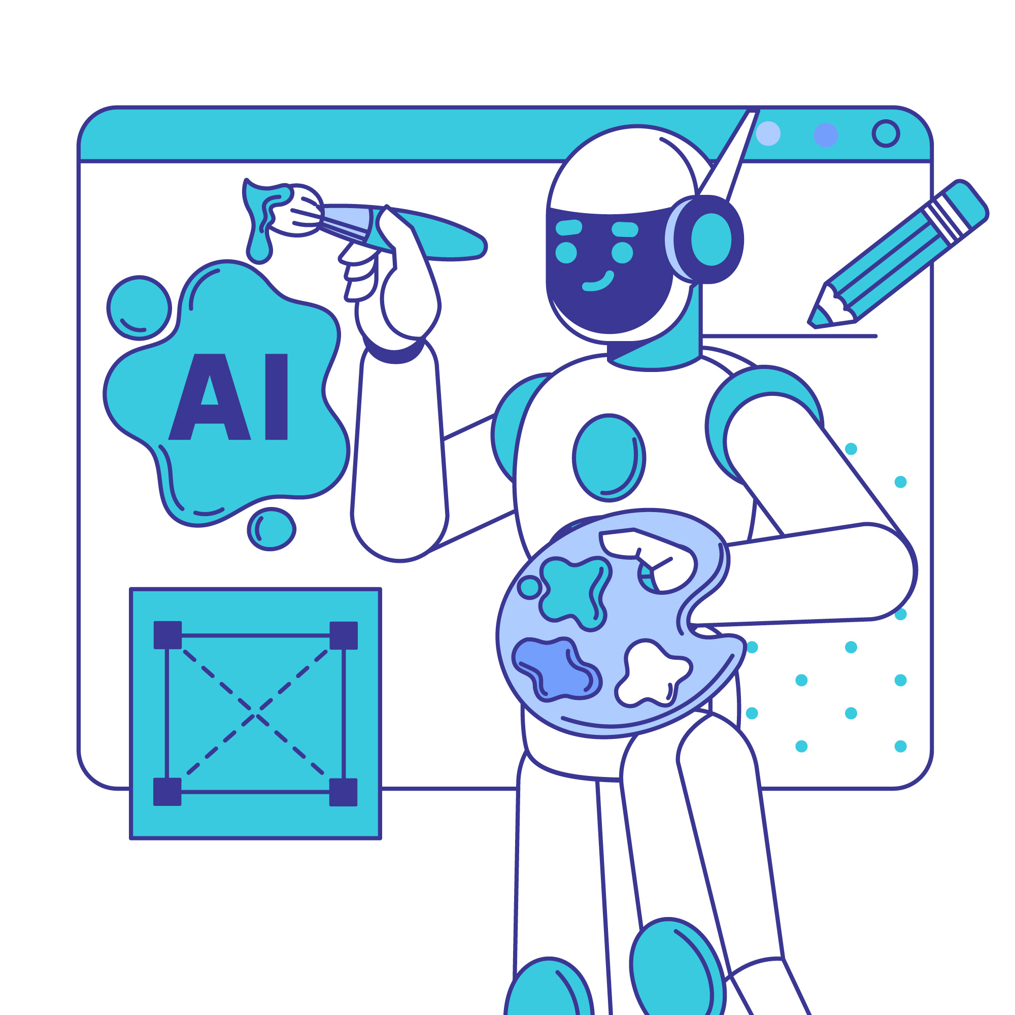 An AI robot artist holding a paintbrush and palette doing a creative design