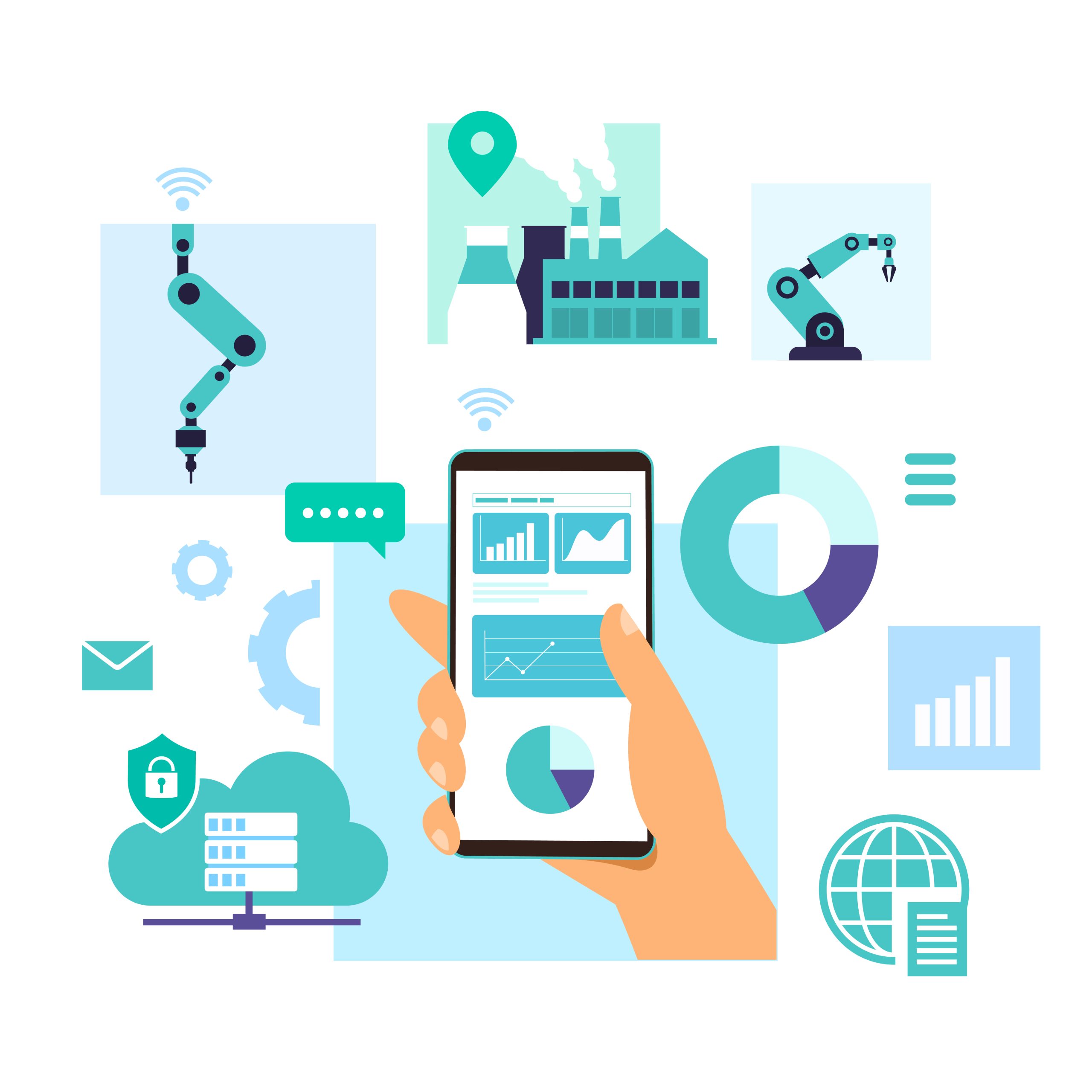 A hand holding a smartphone, showing graphs and charts, surrounded by factory icons, robotic arms, cloud computing, and data analytics symbols