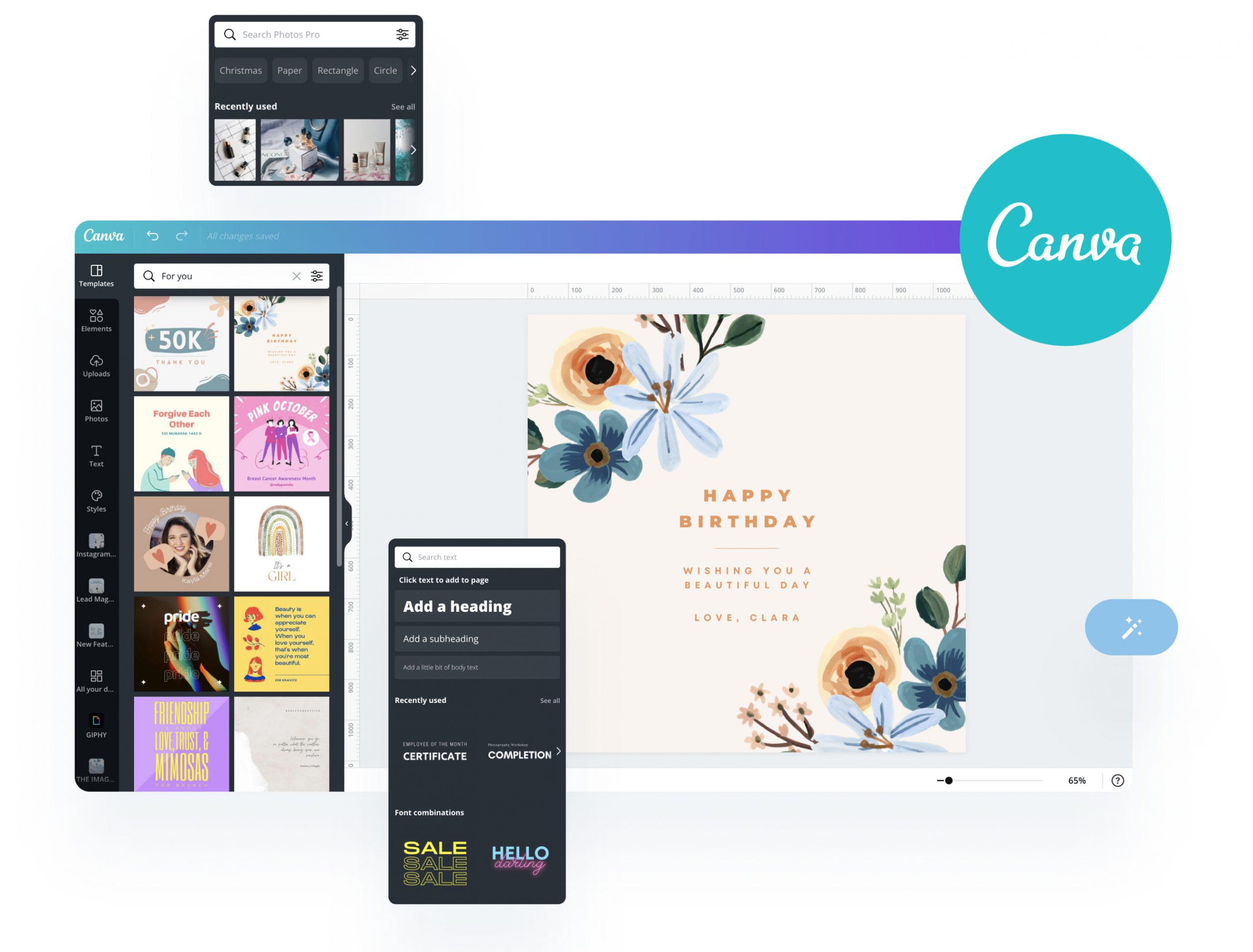 Canva design interface showcasing templates and editing tools for creating a birthday card