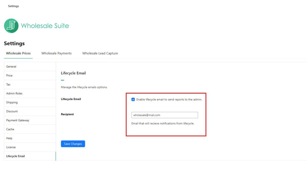 Wholesale Suite settings page showing how to enable Lifecycle Emails under the Wholesale Prices tab.