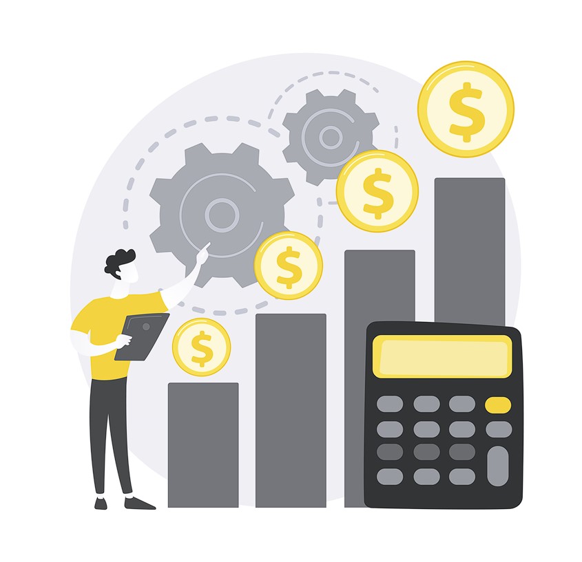 Tiered pricing strategy with increasing bar graph, gears, dollar symbols, and a calculator