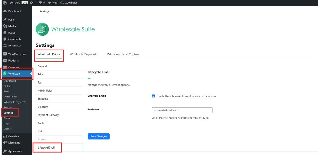 Screenshot showing Wholesale Suite's settings page, highlighting the 'Wholesale Prices' tab and the option to enable Lifecycle Emails.