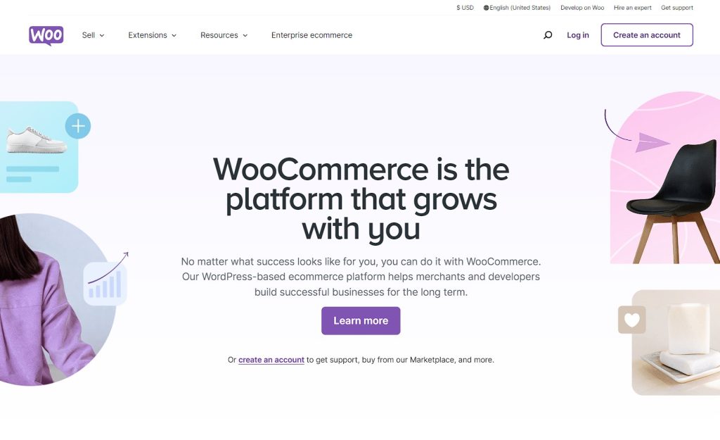 WooCommerce homepage promoting its WordPress-based ecommerce platform for merchants and developers