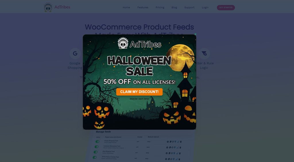 AdTribes Halloween Sale popup with a Halloween-themed background featuring pumpkins, a haunted house, and a full moon