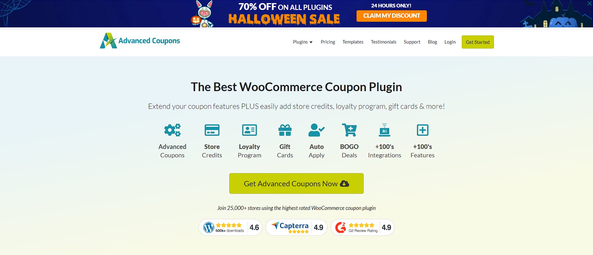 Advanced Coupons website homepage with Halloween discount 70% off on all plugins