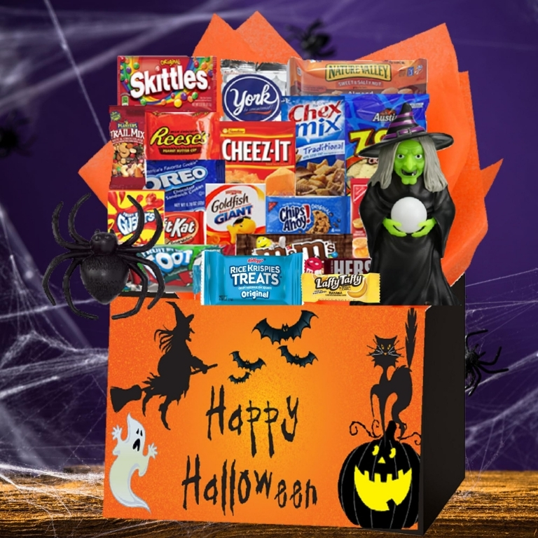 Halloween-themed gift basket filled with various snacks like Skittles, Cheez-It, Rice Krispies Treats, and more