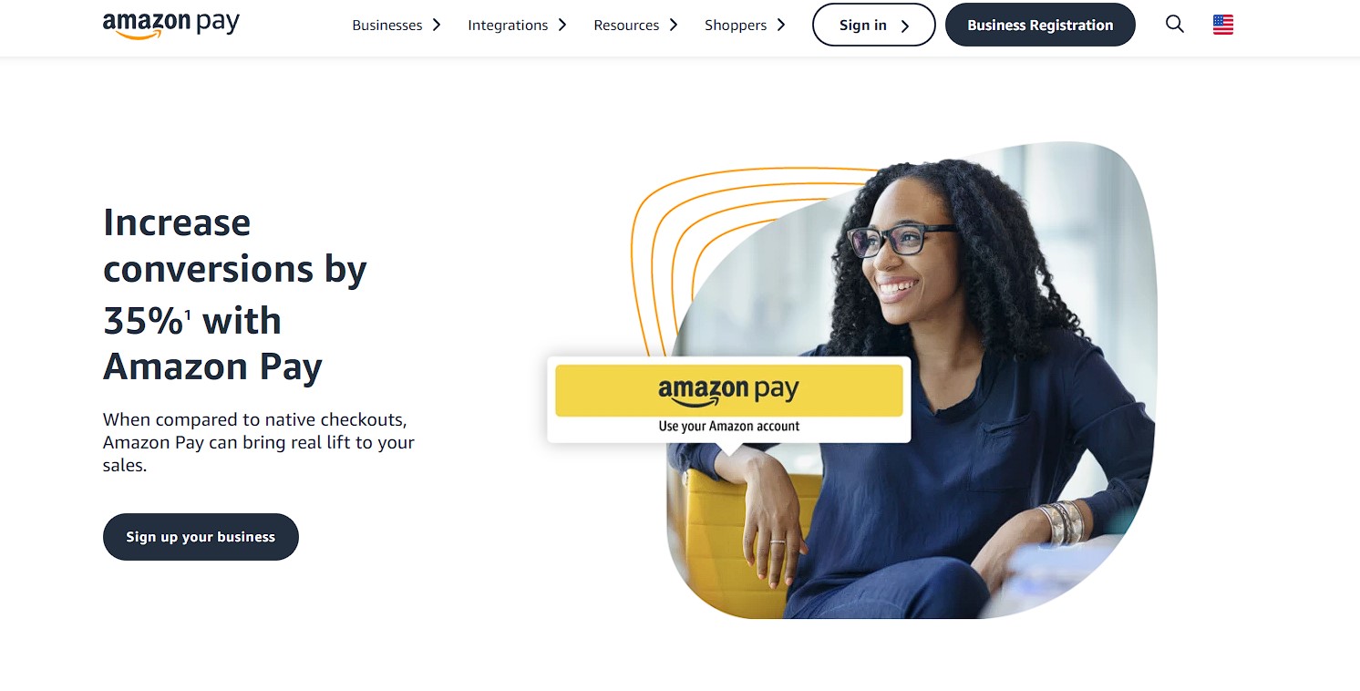 Amazon Pay homepage featuring a banner with a smiling woman sitting in a modern office setting