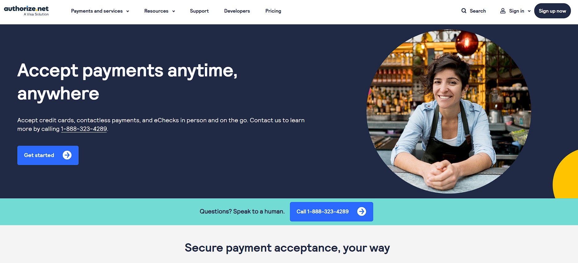 Authorize.net homepage with a banner promoting their payment solutions