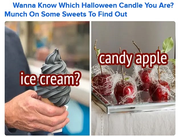 A split image showing a person holding black Halloween-themed ice cream on the left and candy apples on the right