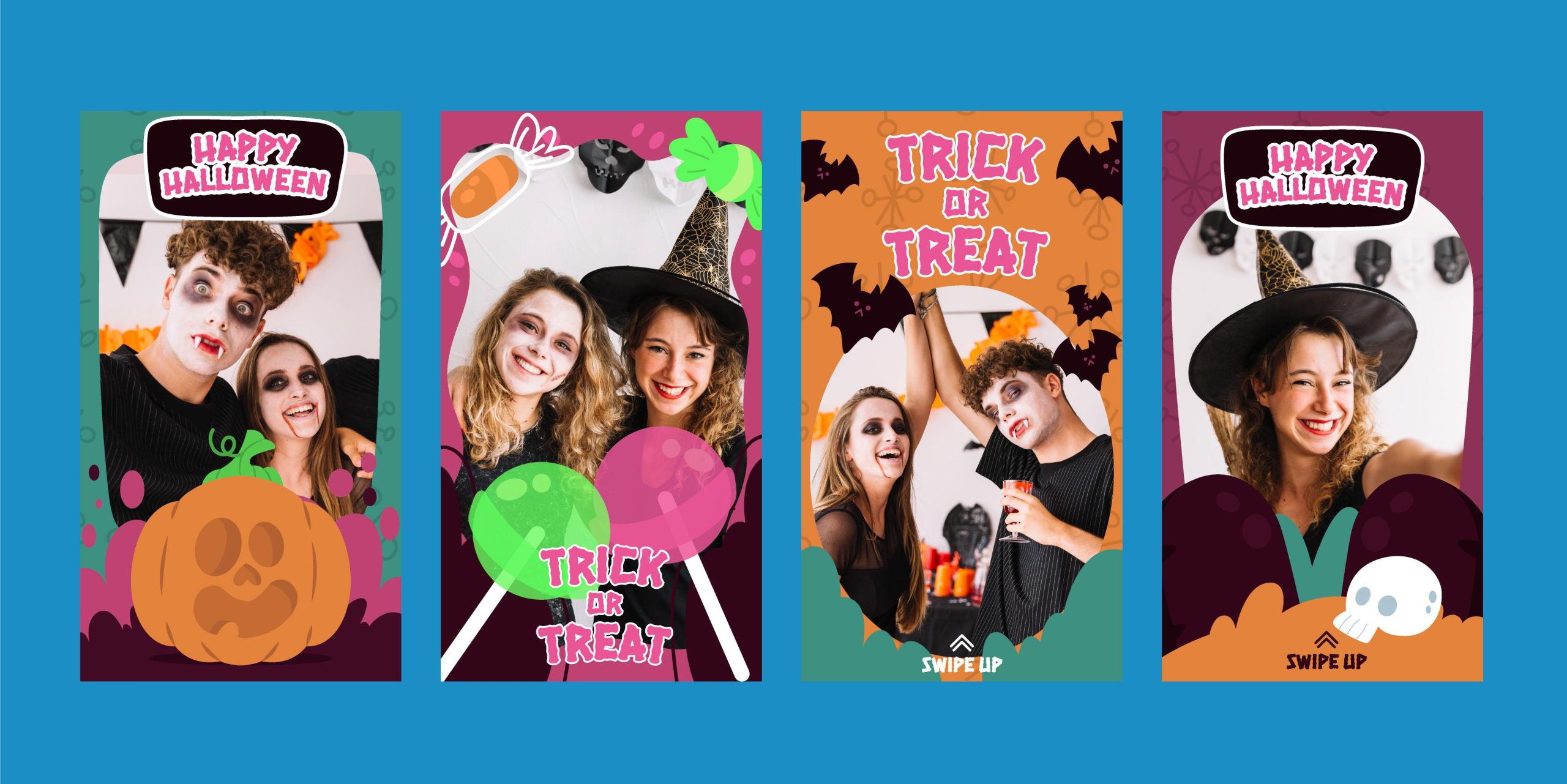 Set of four Halloween-themed social media stories featuring people in costumes