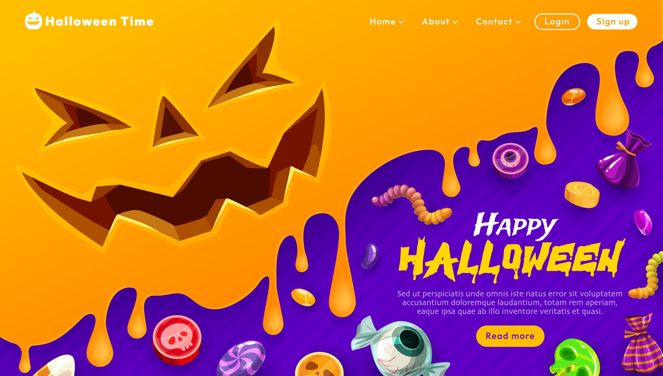 Halloween landing page with holiday sweets and candies