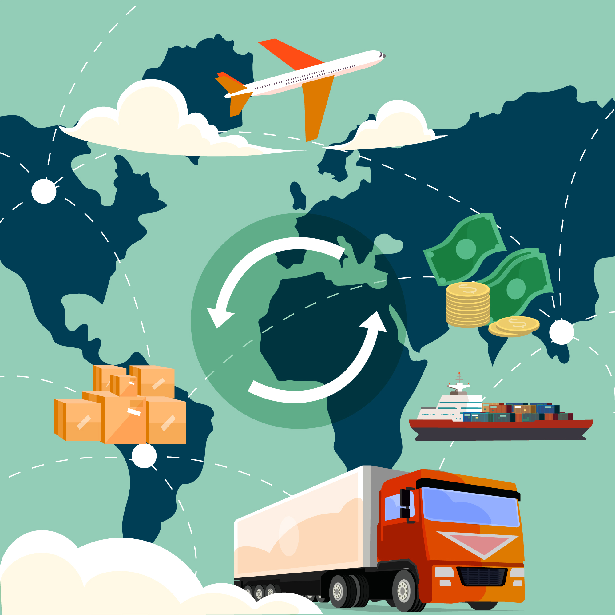 A world map with icons representing different modes of transport, including an airplane, a cargo ship, and a delivery truck