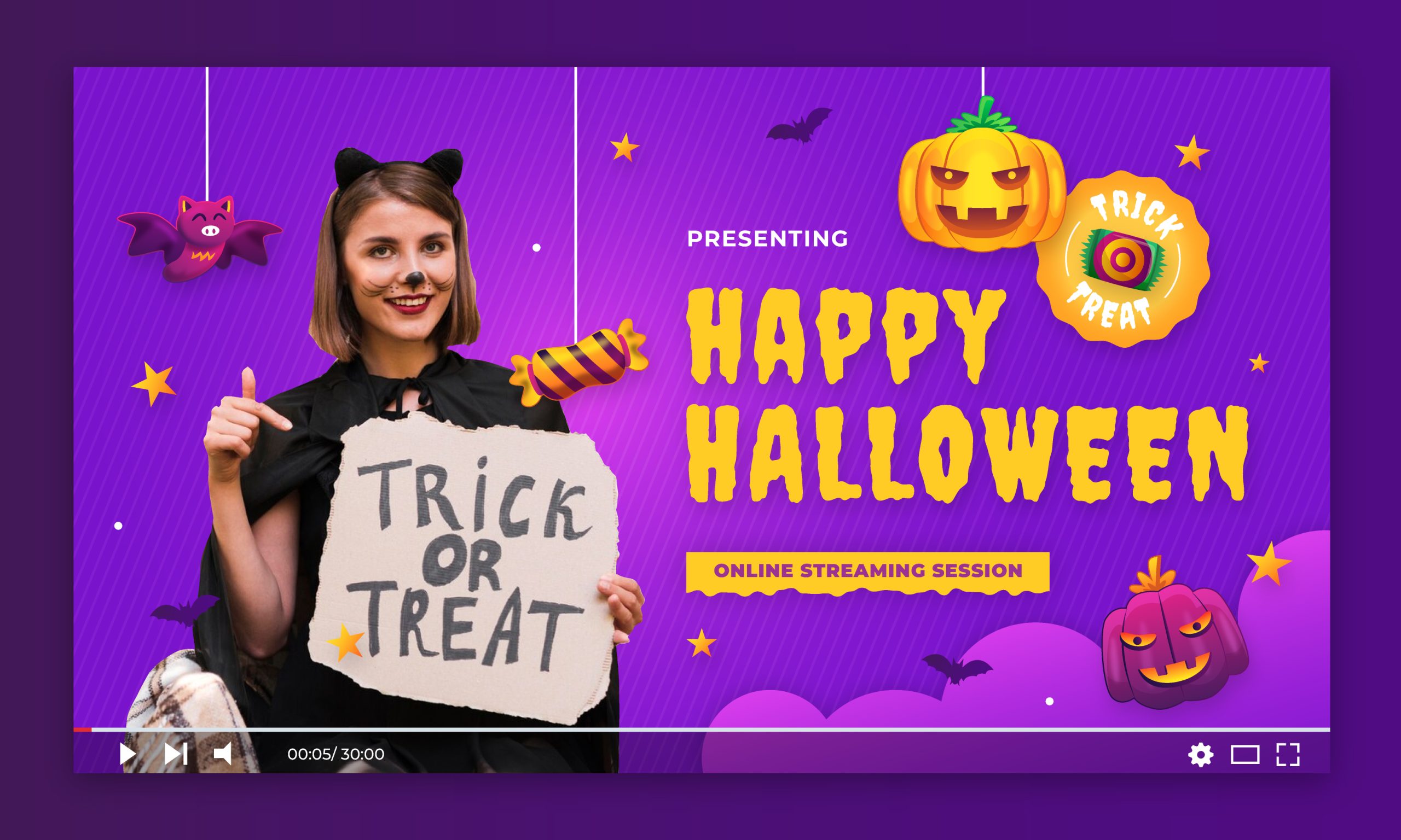 Halloween-themed online streaming session announcement featuring a woman in a cat costume holding a 'Trick or Treat' sign