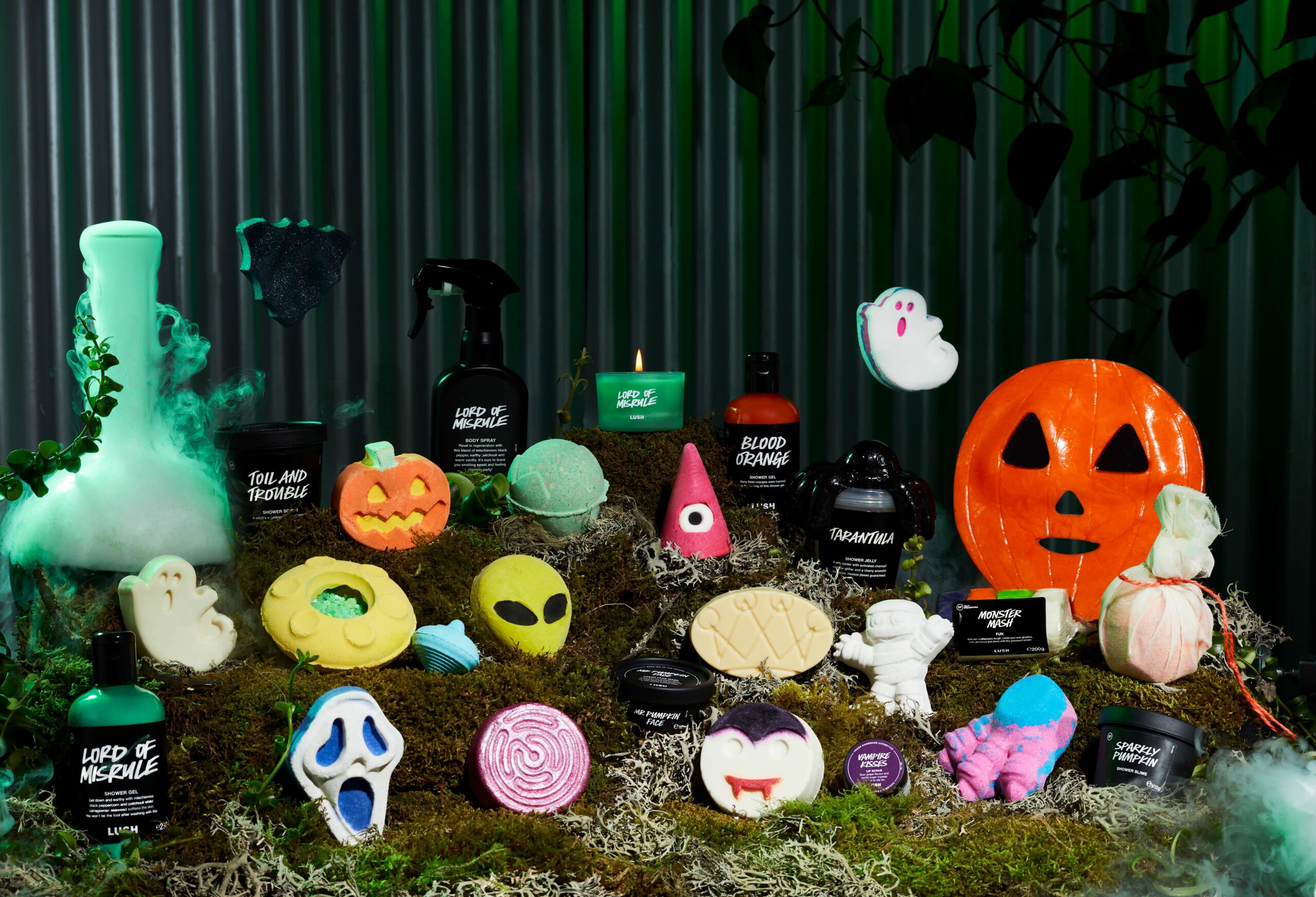 Halloween-themed Lush product display featuring bath bombs, shower gels, and skincare items with spooky designs