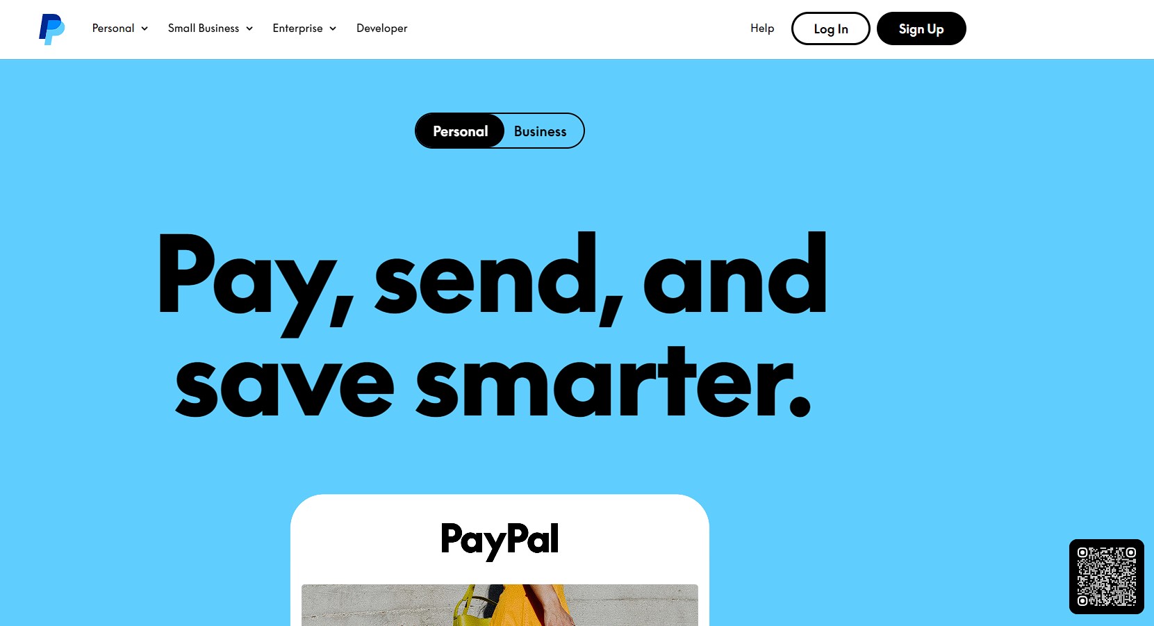 PayPal homepage featuring a bold headline 'Pay, send, and save smarter' with options to toggle between 'Personal' and 'Business' accounts