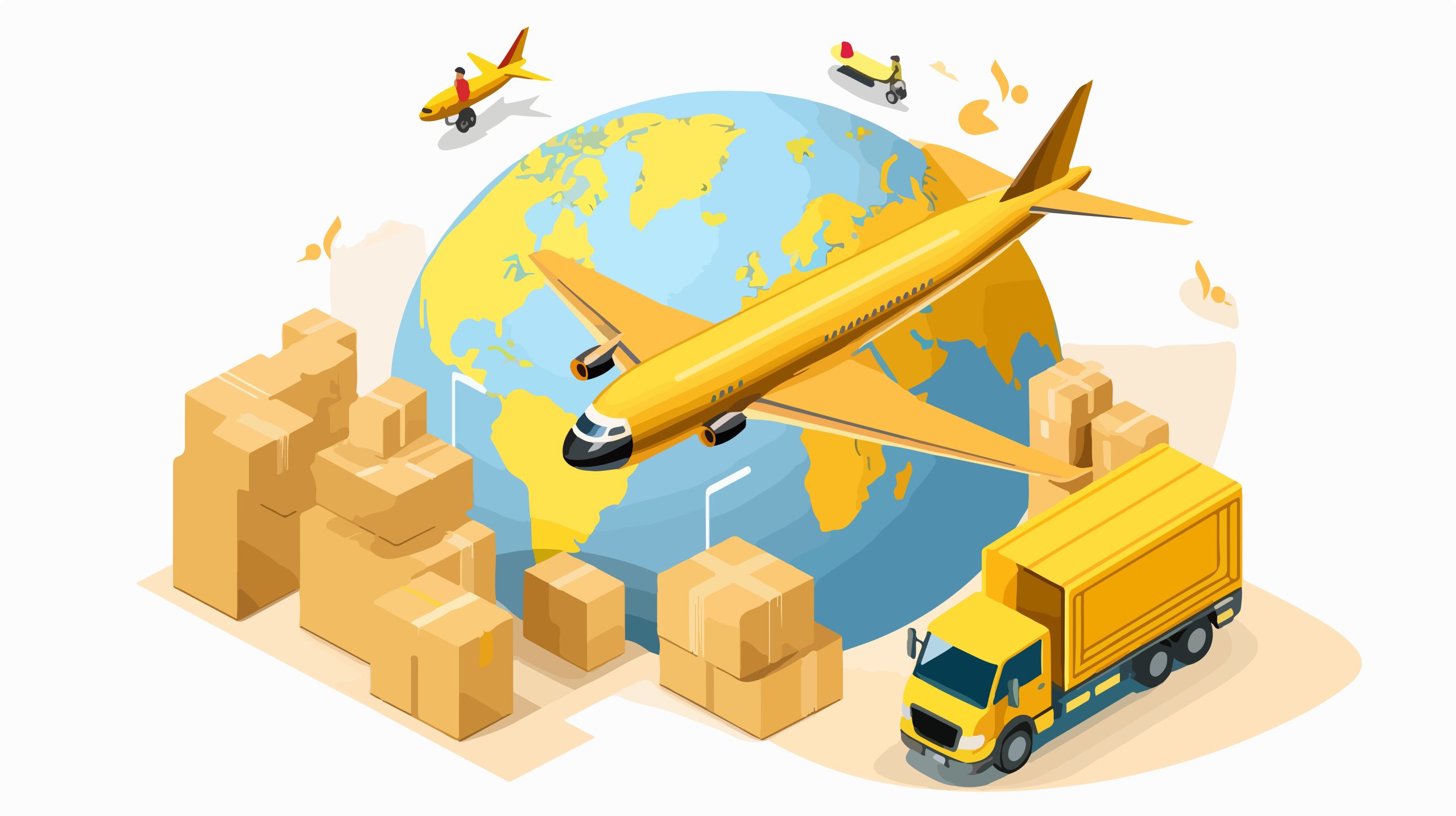 A yellow airplane flying over a globe, surrounded by cardboard boxes and a yellow delivery truck