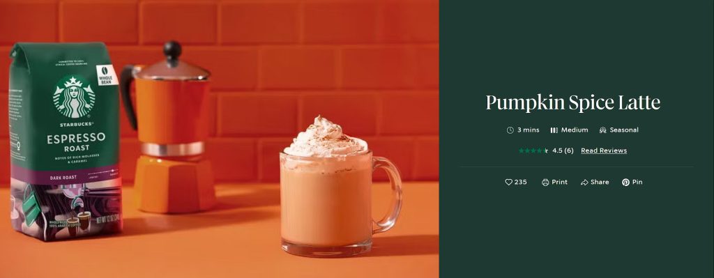Pumpkin Spice Latte in a clear mug placed next to a Starbucks Espresso Roast bag and orange moka pot, with an orange background