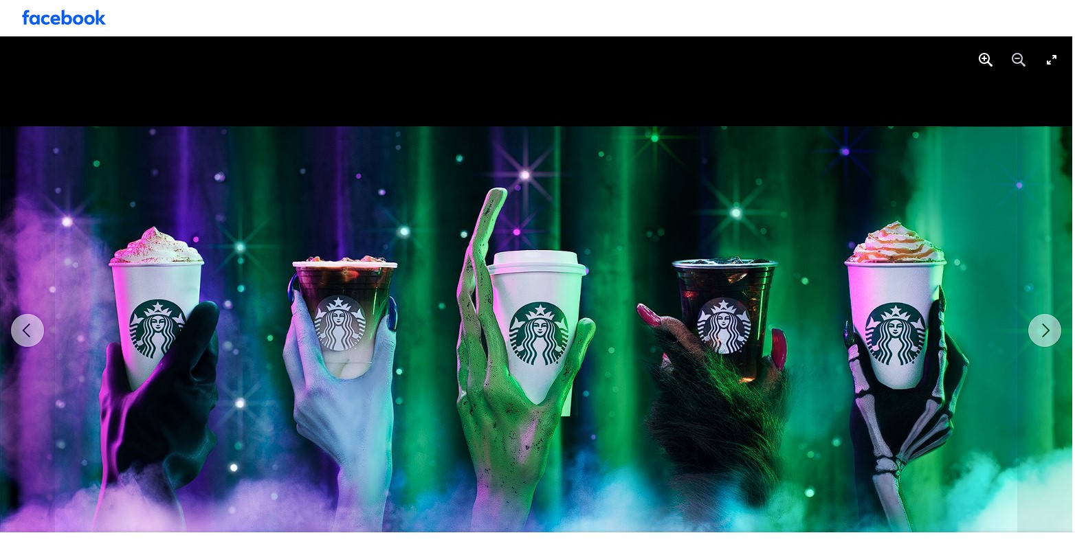 Halloween-themed Starbucks promotion featuring five different drinks held by hands in various spooky costumes