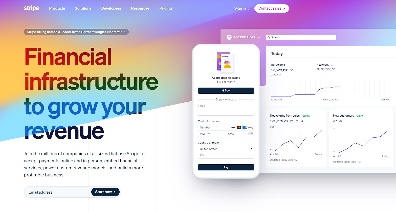 Stripe homepage showcasing a banner with a headline and call-to-action that encourages users to join