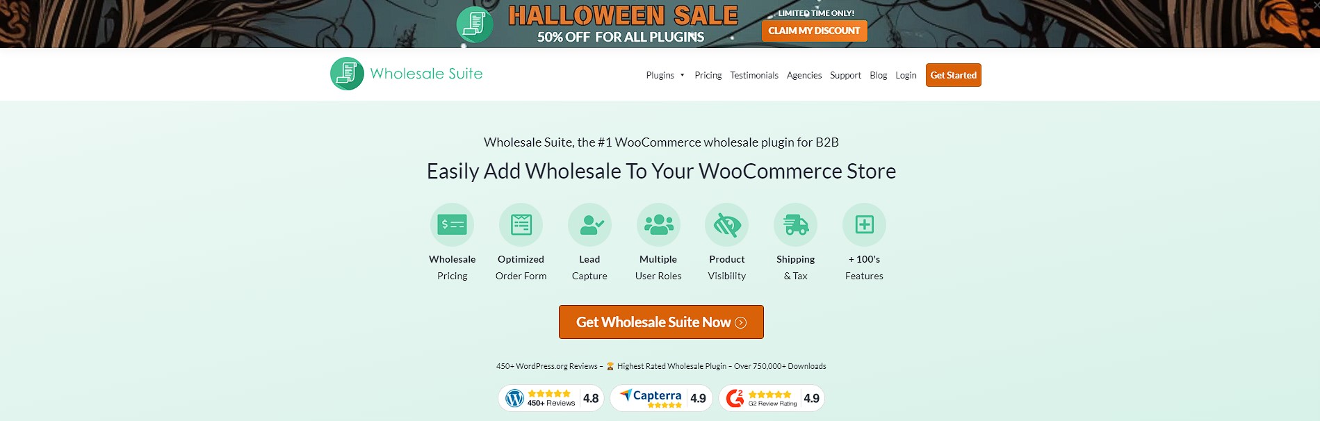 Wholesale Suite website showing Halloween Sale promotion for 50% off on all plugins