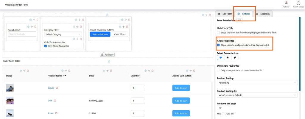 Options to allow users to add products to their favorites list and to configure form permissions