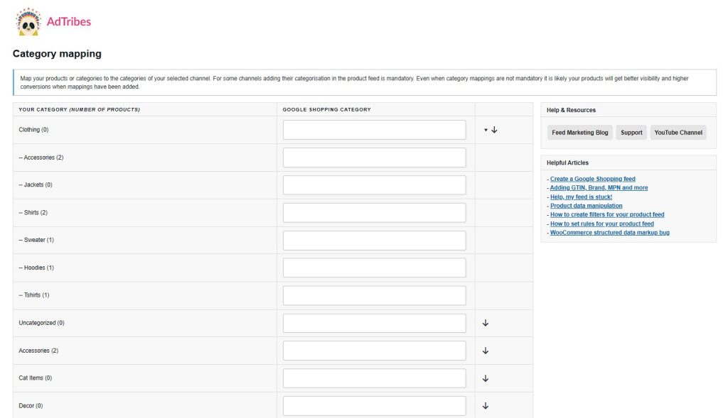 AdTribes Product Feed Elite plugin's Category Mapping interface