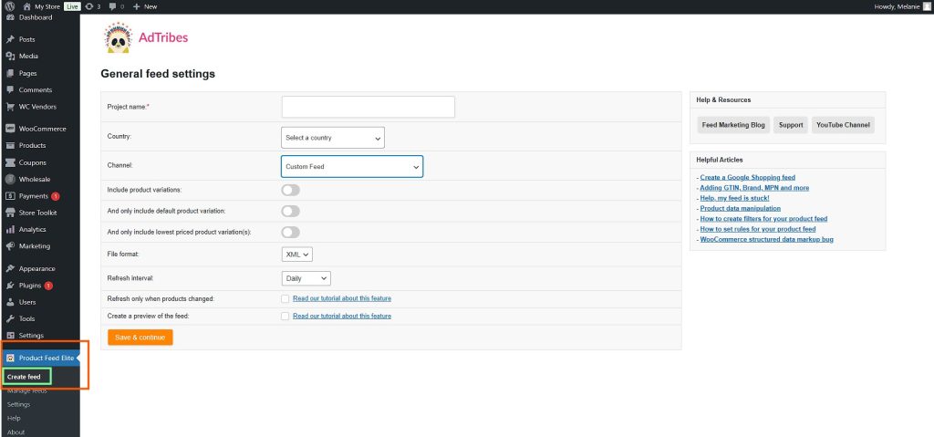 AdTribes Product Feed Elite plugin in WordPress, showing the general feed settings interface