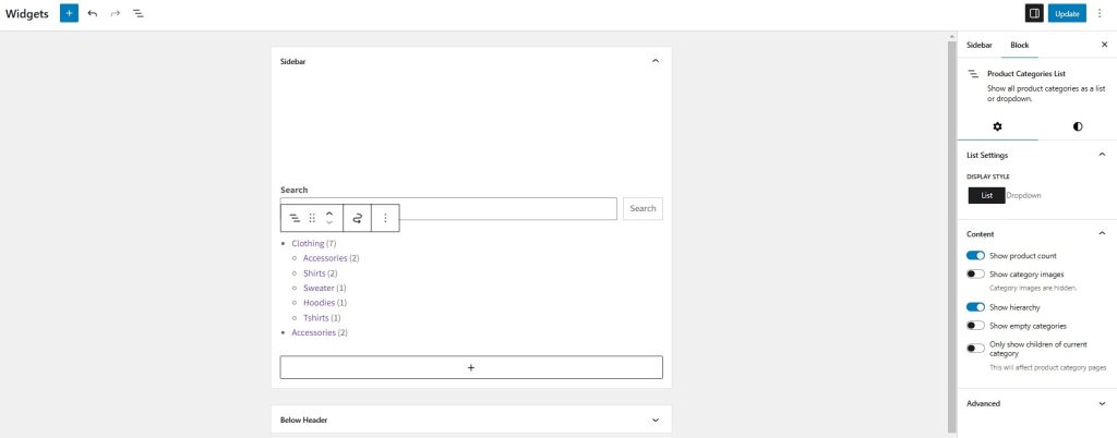 'Product Categories List' widget being configured in the sidebar, with options to display product count, hierarchy, and style settings