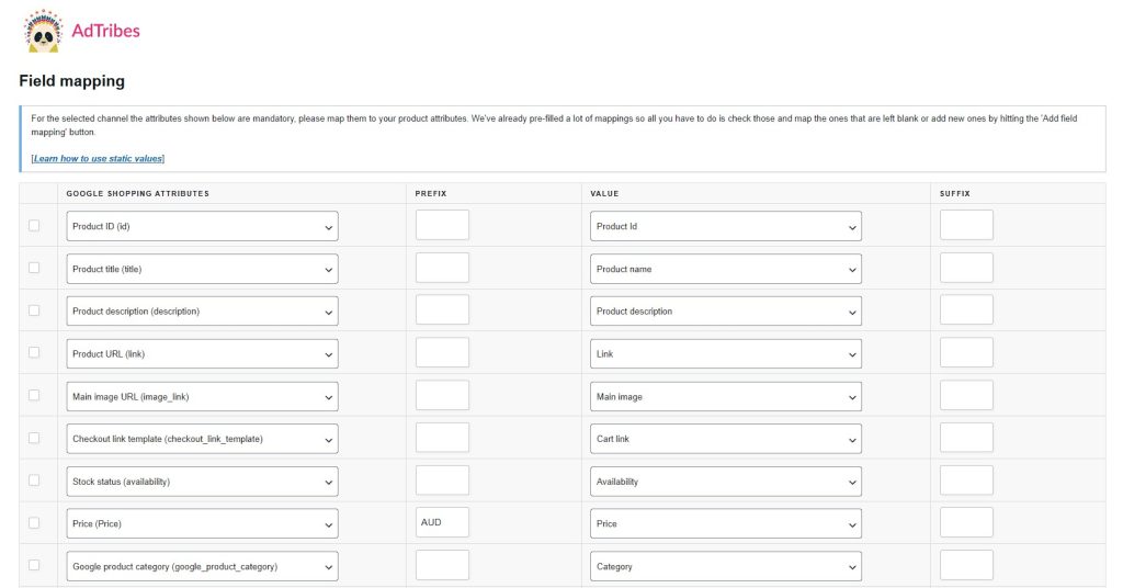 AdTribes Product Feed Elite plugin's Field Mapping section