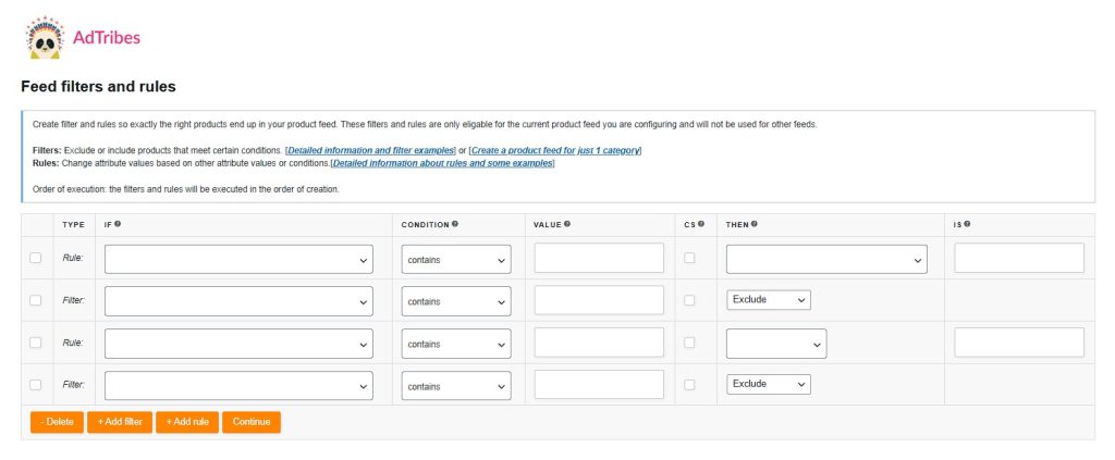 Feed Filters and Rules interface in the AdTribes Product Feed Elite plugin