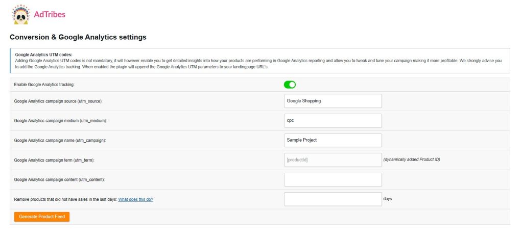 Conversion & Google Analytics settings page in the AdTribes Product Feed Elite plugin