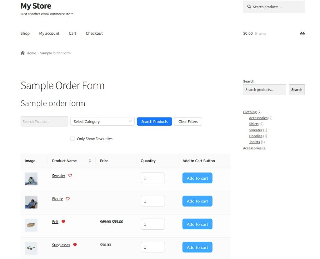 Sample Order Form page on a WooCommerce store, displaying product options including images, product names, prices, quantity input fields, and 'Add to Cart' buttons