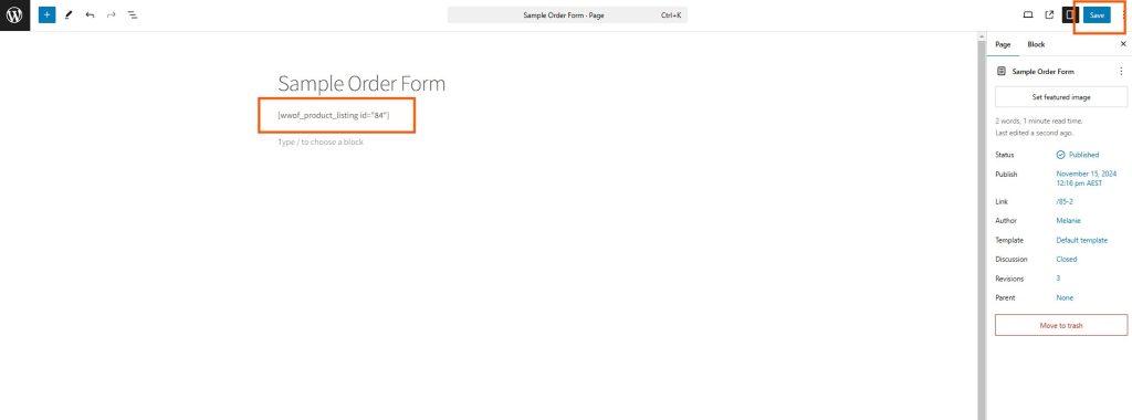 WordPress page editor showing a 'Sample Order Form' with an embedded shortcode for the wholesale order form