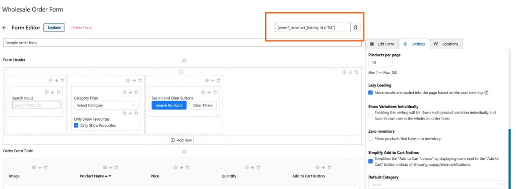 displaying a shortcode highlighted at the top for embedding the order form