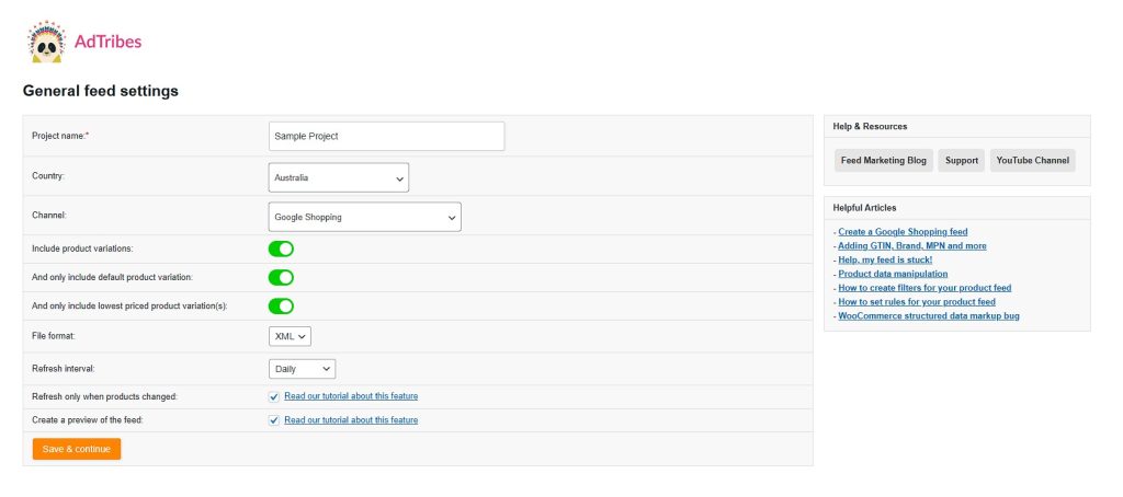 AdTribes Product Feed Elite general feed settings showing project details including project name, country, channel selection, product variation settings, file format, and refresh interval options.