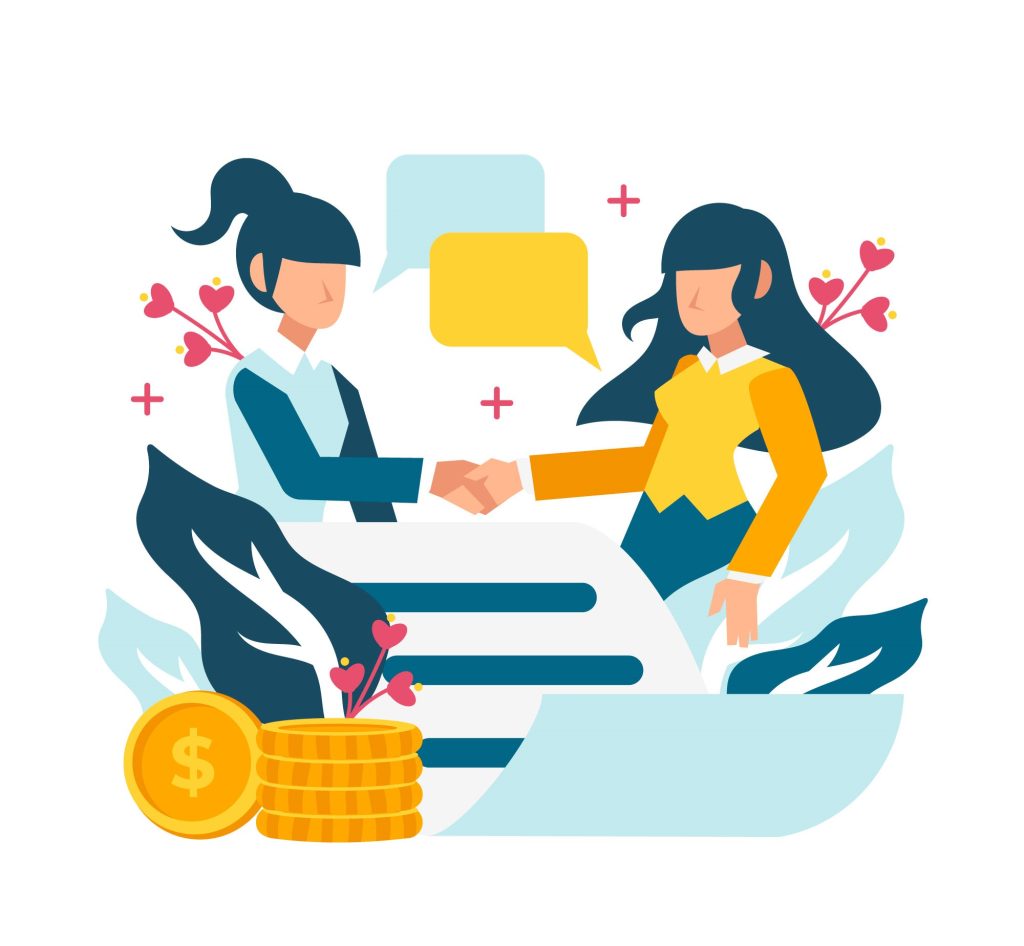 Two business professionals shaking hands over an agreement with coins and communication icons in the background