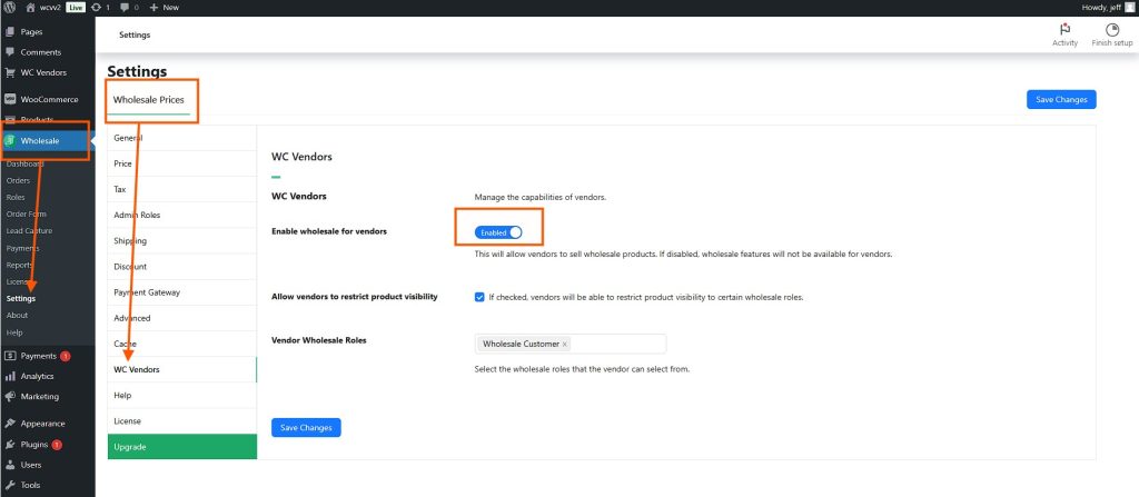 WC Vendors settings in WordPress, showing the Wholesale Prices tab under the Wholesale menu in the admin dashboard