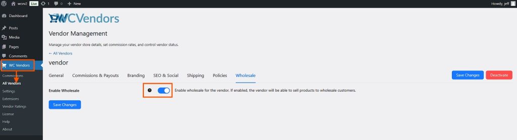 WC Vendors Vendor Management settings in WordPress, highlighting the 'Enable Wholesale' toggle under the Wholesale tab