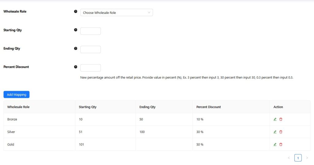 Wholesale Suite's tiered pricing feature showing wholesale roles (Bronze, Silver, Gold)