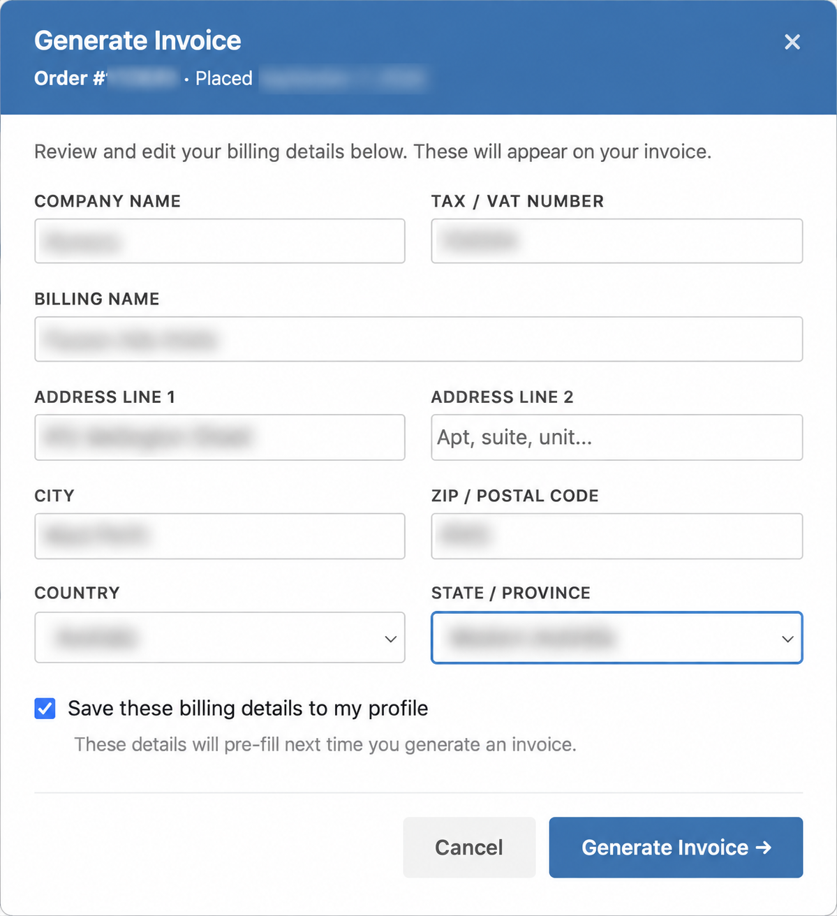 wholesale-suite-invoice-tax-vat-number-form - Wholesale Suite Formularz Generuj fakturę pokazujący pole Numer identyfikacyjny VAT / NIP i opcjonalne pole wyboru Zapisz profil, z rozmytymi danymi osobowymi.