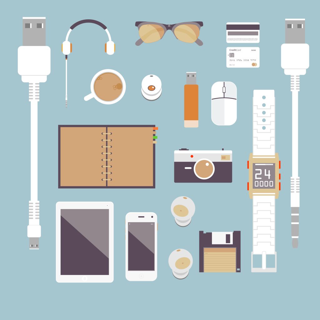 Im fond of gadgets Vector set Flat business - Wholesale Suite Various everyday tech gadgets and accessories on a light blue background