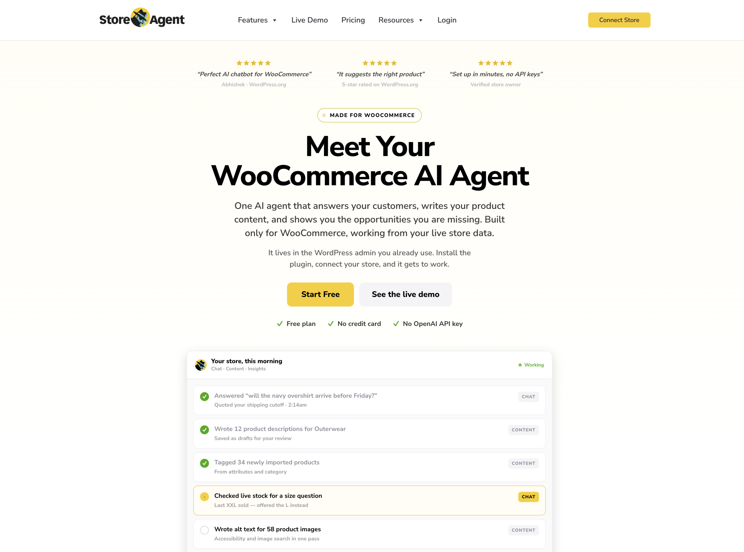woocommerce-ai - Wholesale Suite Hero header introducing WooCommerce AI Agent: large headline 'Meet Your WooCommerce AI Agent' with navigation bar and CTA buttons Start Free and See the live demo.